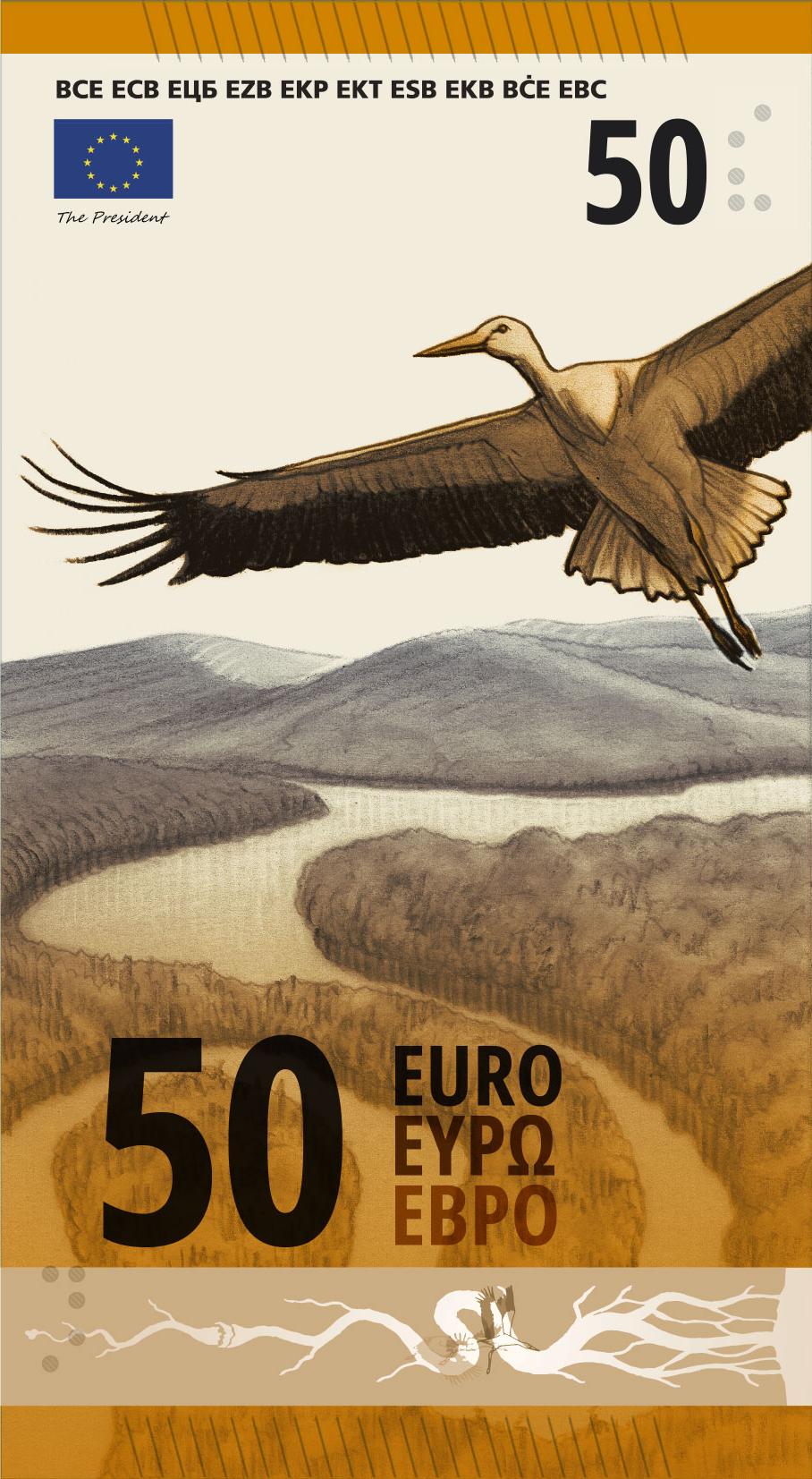 A 50 Euro banknote design proposal by J - Ville Tietäväinen

This euro banknote series tells a visual story of European rivers, from their origins in mountain springs to merging with the sea. The main characters are the European birds in their natural habitats. The higher the banknote denomination, the closer the imagery gets to the sea. The security foils each show one phase of a river with the associated bird, and work as an infographic device, introducing the narrative concept of the banknote series. Even the EU buildings on the reverse sides of the banknotes merge with the wings of the particular birds on the front sides.
