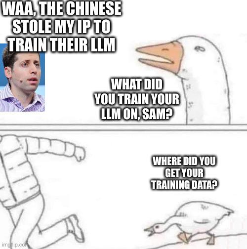 goose chase meme:
Altman: Waa, the Chinese stole my IP to train their LLM
Goose: What did you train your LLM on, Sam?
[goose pursues running man]
Goose: Where did you get your training data?