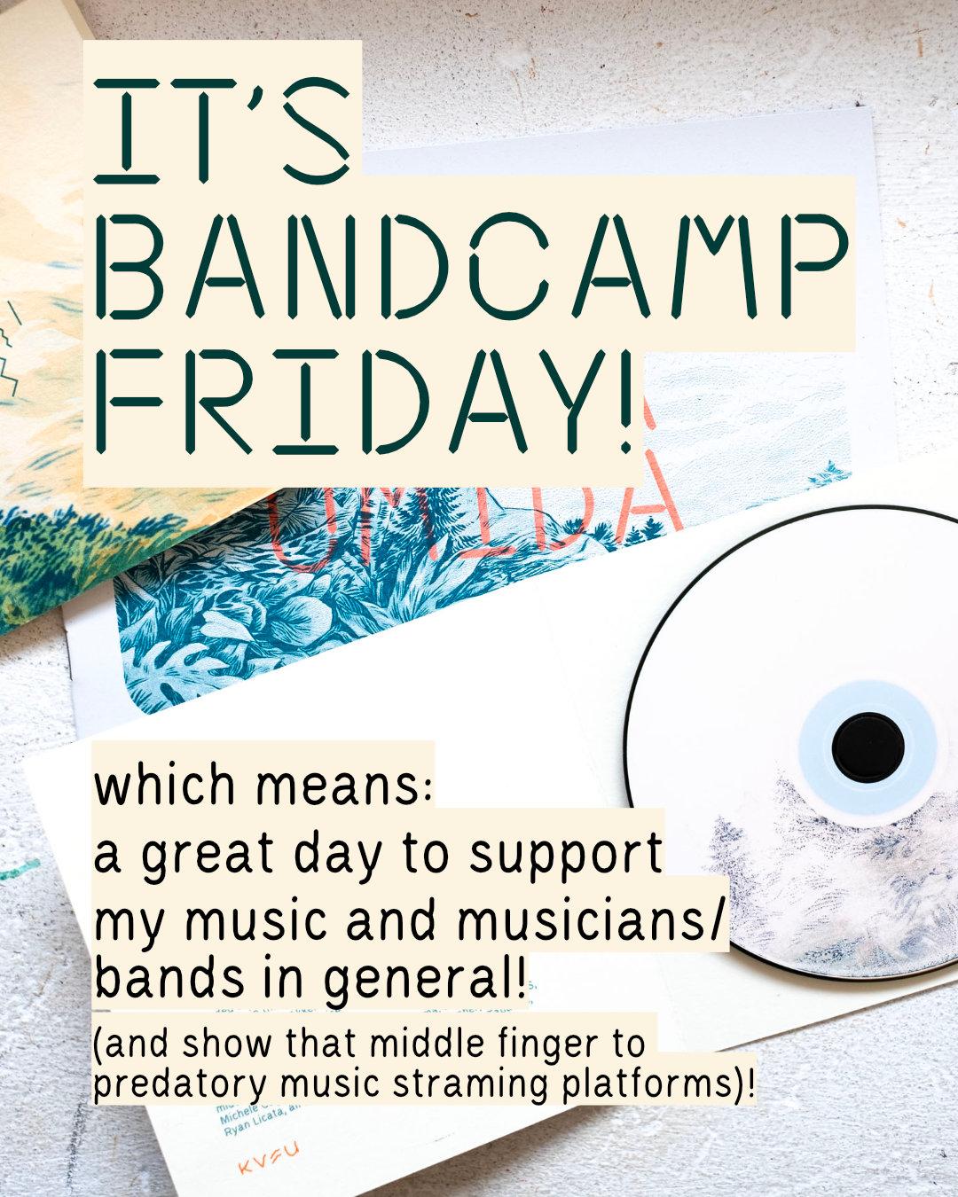 A graphic showing a printed CD, lying on top the cover and a comicbook. Most of the image is covered by text.
Text:
It's BANDCAMP FRIDAY!
which means: A great day to support my music and musicians/bands in general! (and show that middle finger to predatory music streaming platforms).