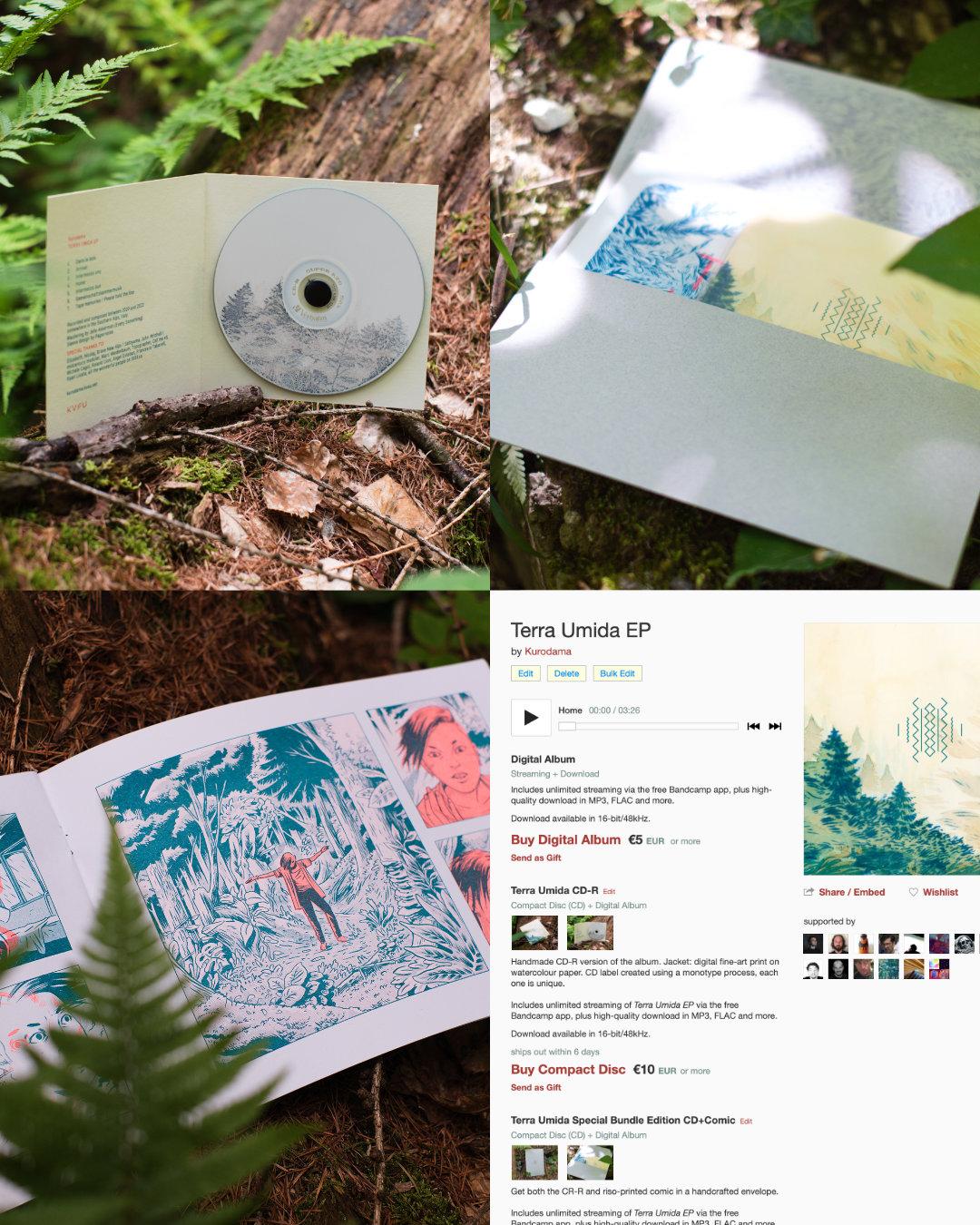 4 photos collaged together:
1 a photo of an open CD package show in the woods.
2 an envelope containing a CD and a comicbook. Also shot on the ground, in the woods, with plants dropping shadows onto the envelope.
3 the open comicbook, we see a scene where a woman stands in the middle of the woods.
4 screenshot of the bandcamp page, showing the digital version of the album