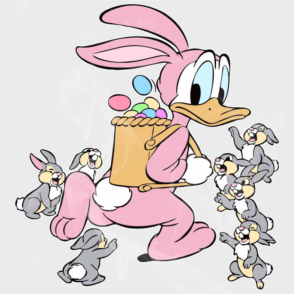 "Easter bunny" carrying colored eggs in a backpack, but it's Donald Duck in a pink furry bunny suit. Numerous smaller bunnies that look like Thumper from Bambi are pointing at and laughing at Donald Duck.