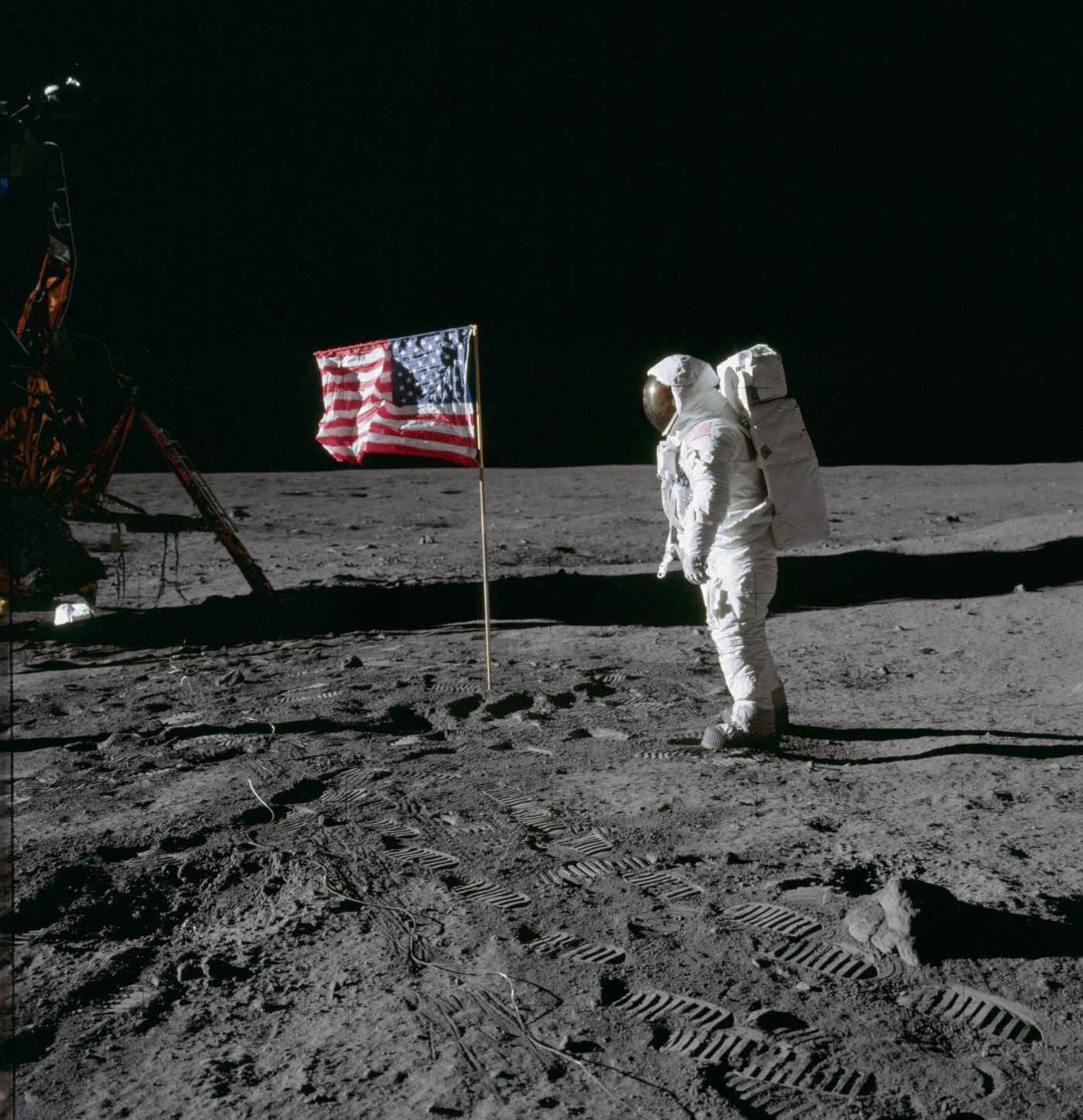 image from NASA Apollo 11 gallery https://www.nasa.gov/image-detail/as11-40-5875large/

NASA photo caption:

Astronaut Edwin E. Aldrin Jr. on the Moon

AS11-40-5875 (20 July 1969) --- Astronaut Edwin E. Aldrin Jr., lunar module pilot of the first lunar landing mission, poses for a photograph beside the deployed United States flag during an Apollo 11 extravehicular activity (EVA) on the lunar surface. The Lunar Module (LM) is on the left, and the footprints of the astronauts are clearly visible in the soil of the moon. Astronaut Neil A. Armstrong, commander, took this picture with a 70mm Hasselblad lunar surface camera. While astronauts Armstrong and Aldrin descended in the LM, the "Eagle", to explore the Sea of Tranquility region of the moon, astronaut Michael Collins, command module pilot, remained with the Command and Service Modules (CSM) "Columbia" in lunar orbit.
Photo credit: NASA
Date Created:1969-07-20
Image Credit: NASA