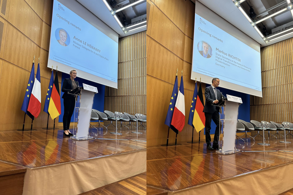 Two images side-by-side showing the French and German ministers opening the DGE open source event in Paris. Each of them stands at a lectern in front of European, French and German flags, with a slide displaying their name and opening remarks.