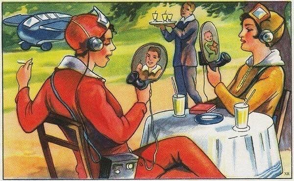 we can see two women sitting at a table in a park. They are both talking on telephone handsets with tiny screens, like make up mirrors attached, They aare wearing headphones to hear the other person.
On the background is a small plane/flying car.