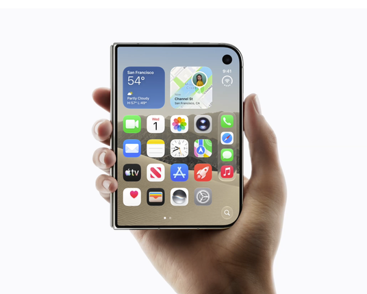 A hand holds an iPhone Duo, showing the home screen with app icons, weather and location widgets, and a front-facing camera in the upper-right corner.
