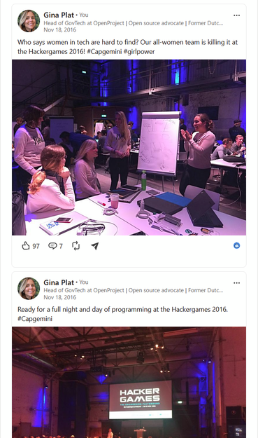 Linkedin posts from 2016 of me at a Capgemini hackathon, with our all female team. We wore cute pink sweaters and made a dumb app :')