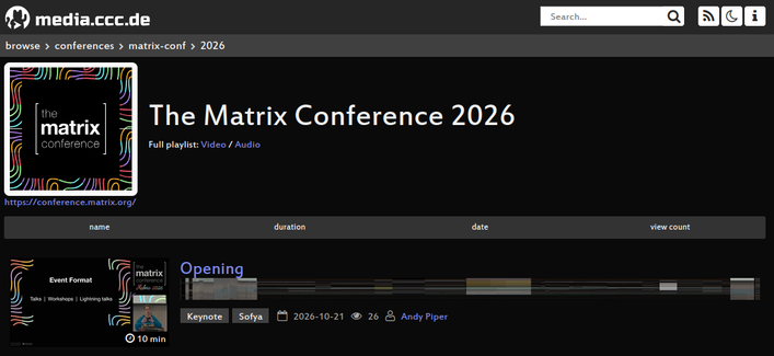 Screenshot of media.ccc.de. Detail page of The Matrix Conference 2026 with the opening.