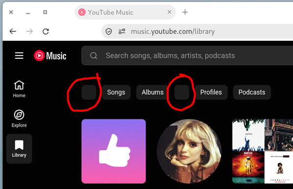 A screenshot of the YouTube Music UI with missing elements because I'm using Firefox.