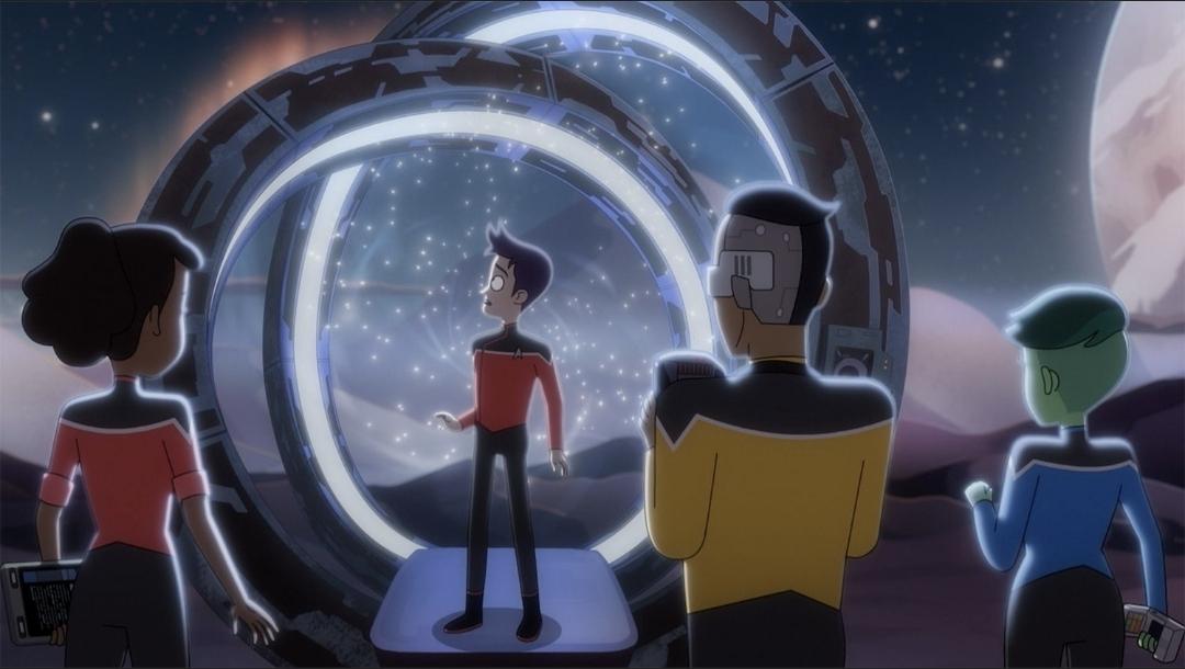 The Lower Decks team in front of the Time Portal.