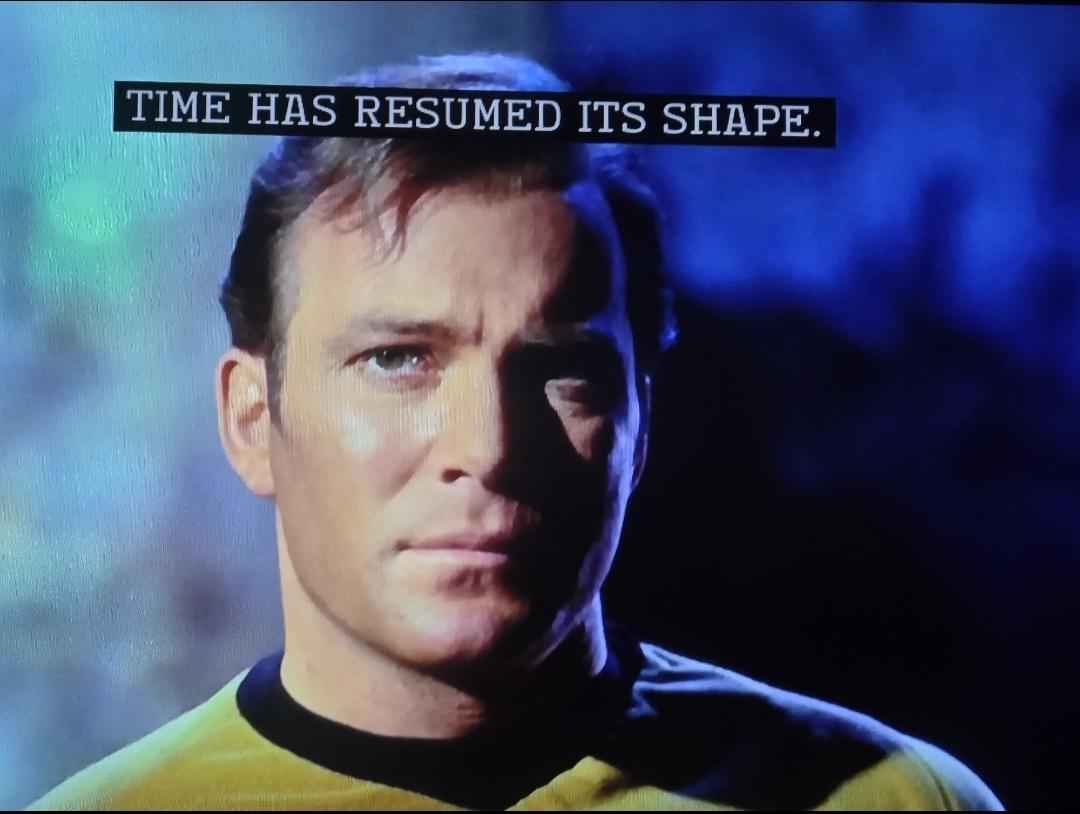 James Kirk looking sad. The Guardian says: Time has resumed it's shape.