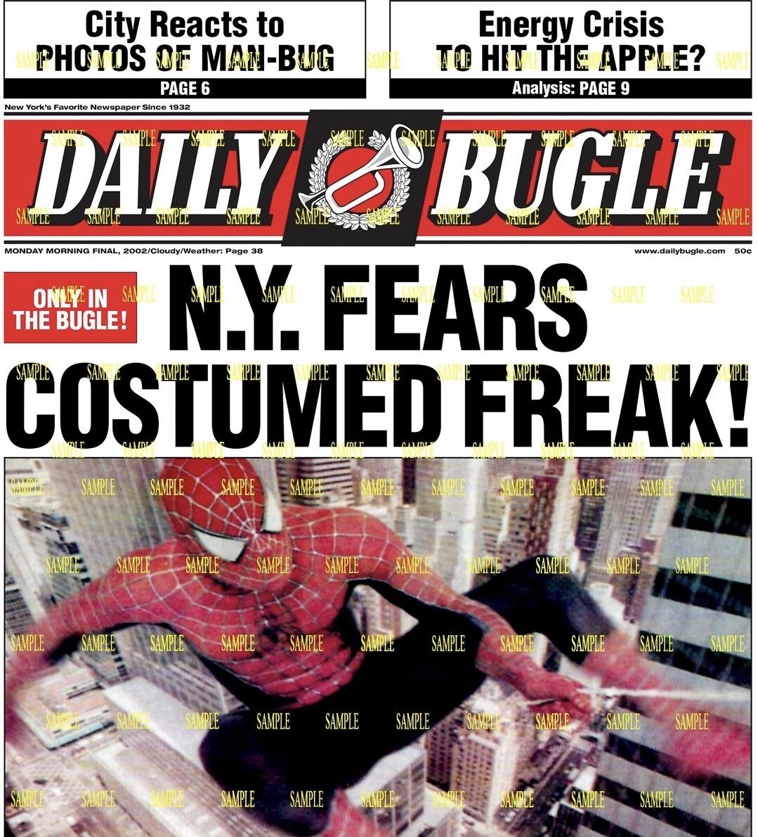 image/jpegfront cover if Daily Bugle 
Main headline shows Spiderman and says N.Y. Fears Costumed Freak!