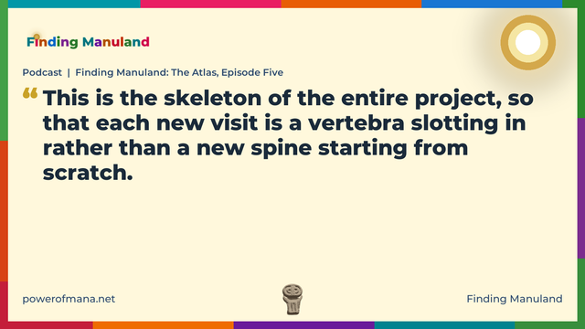 Quote card for the Finding Manuland podcast “Finding Manuland: The Atlas, Episode Five” (powerofmana.net). The card reads: This is the skeleton of the entire project, so that each new visit is a vertebra slotting in rather than a new spine starting from scratch. Link: https://podcasts.apple.com/gb/podcast/podcast-finding-manuland-the-atlas-episode-five/id1774468758?i=1000789254066