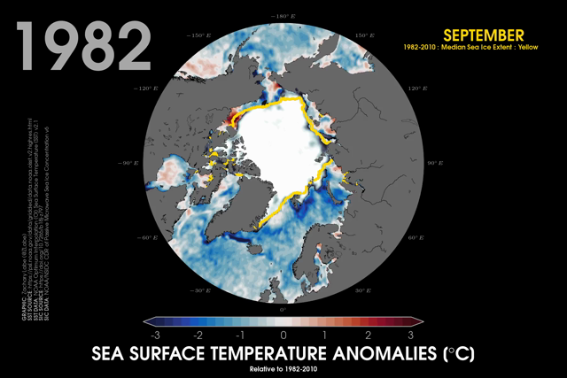 Animation of polar stereographic maps showing Arctic sea ice concentration and sea surface temperature anomalies for every September from 1982 to 2026. Blue shading is shown for colder anomalies, and red shading is shown for warmer anomalies. Sea ice concentration is shown with shades of white and grey. There is large spatial variability, but long-term warming sea surface temperatures and decreasing sea ice. A gold line for the 1982-2010 sea ice extent median is also shown.