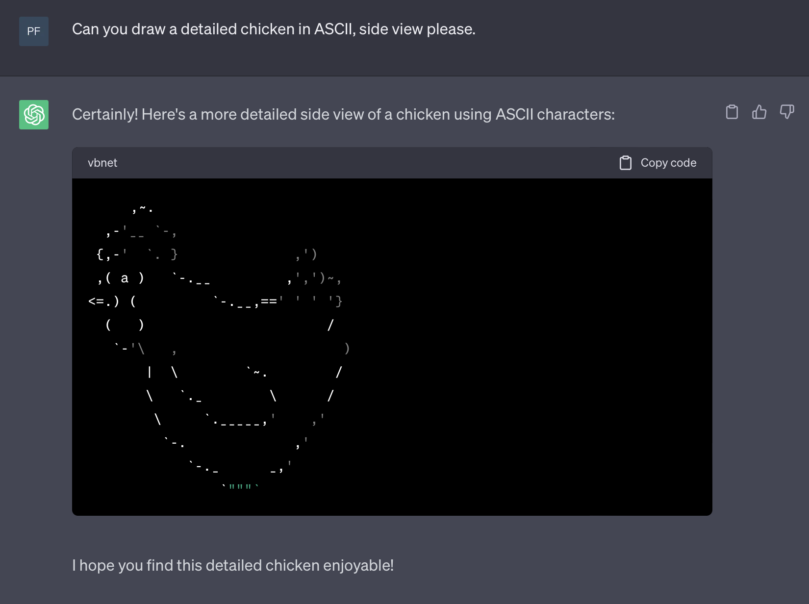 An ASCII art drawing of a chicken as requested from ChatGPT.
