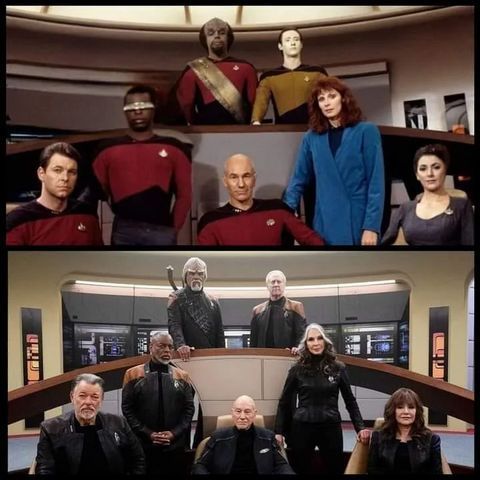 Zwei Fotos der Star Trek Next Generation Brückencrew: Riker, Jordy, Picard, Crusher, Troy, Worf und Data.
Darunter ein ähnliches Foto mit den selben Personen, aber knapp 30 Jahre älter