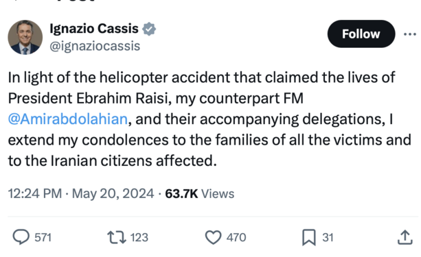 Ridiculous tweet by Ignazio Cassis sending condolences to the families of the downed Iranian thugs