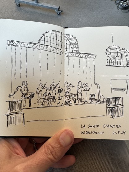 Fineline sketch of tango orchestra on stage