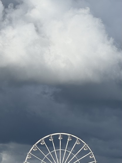 Ferris wheel beneath dramatic, cloudy sky.