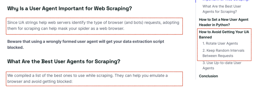 Since UA strings help web servers identify the type of browser (and bots) requests, adopting them for scraping can help mask your spider as a web browser.
We compiled a list of the best ones to use while scraping. They can help you emulate a browser and avoid getting blocked:
How to Avoid Getting Your UA Banned
1. Rotate User Agents
2. Keep Random Intervals Between Requests
3. Use Up-to-date User Agents