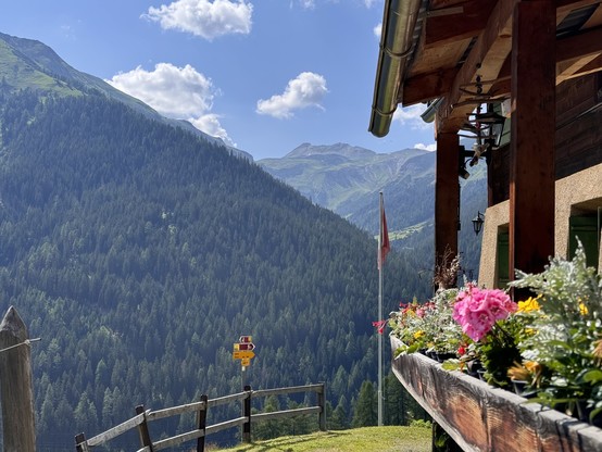 A picturesque mountain view with lush forests under a blue sky, seen from the side of a wooden chalet decorated with colorful flowers. A path with a signpost and a Swiss flag are visible.
