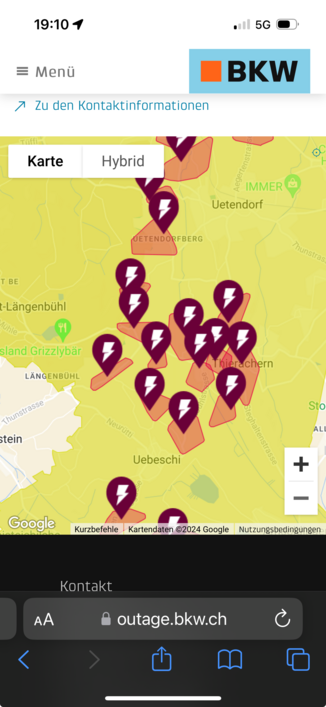 Karte der BKW mit eingezeichneten Orten ohne Strom