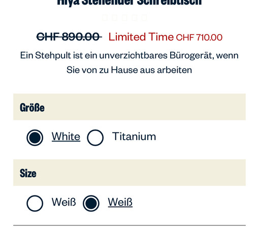 Screenshot of a web shop for standing desks, translated to German. 

It has an option field titled „Größe“ (size) with the options „White“ and „Titanium“ (both in English). 

A second option field is titled „Size“, with the options „Weiss“ and „Weiss“ (white in German). 