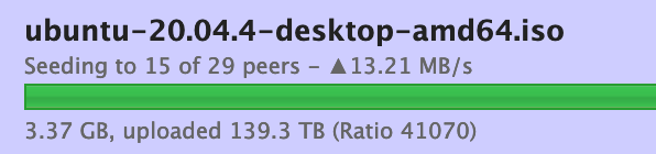 Screenshot of Bittorrent software seeding Ubuntu 20.04.4 desktop amd64 with a seed ratio of over 41000.