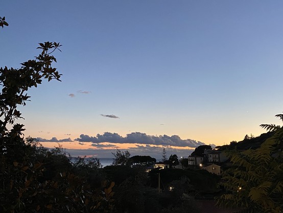 Eine malerische Aussicht in der Abenddämmerung. Silhouettenbäume und Häuser sind im Vordergrund sichtbar, mit Wolken, die über den Horizont über dem Meer verstreut sind.