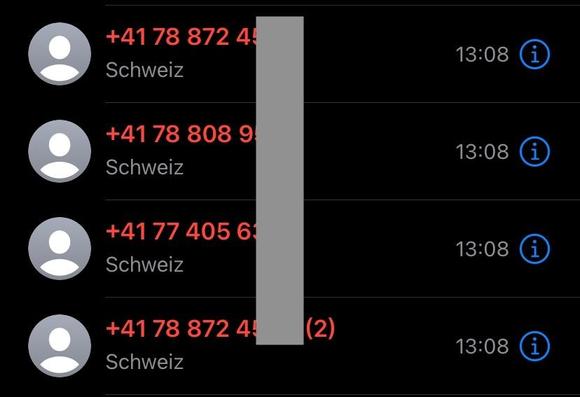 4 Telefonanrufe von unbekannten Nummern um 13:08 Uhr.