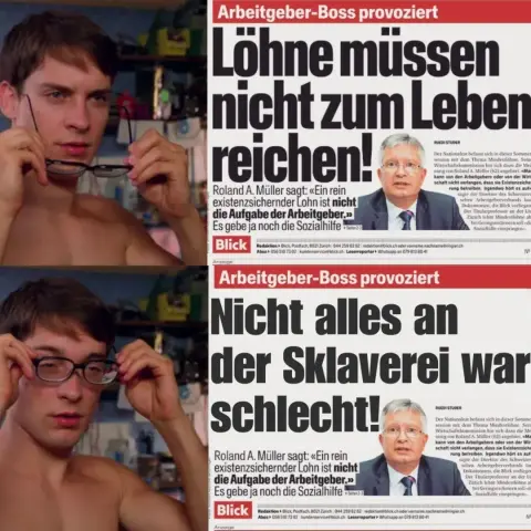 Meme mit Zeitungsausschnitten von zwei Blick-Artikeln mit provokativen Aussagen von Roland A. Müller, dem Direktor des Schweizerischen Arbeitgeberverbands, als Artikeltitel.
Titel 1: Löhne müssen nicht zum Leben reichen!
Titel 2: Nicht alles an der Sklaverei war schlecht!