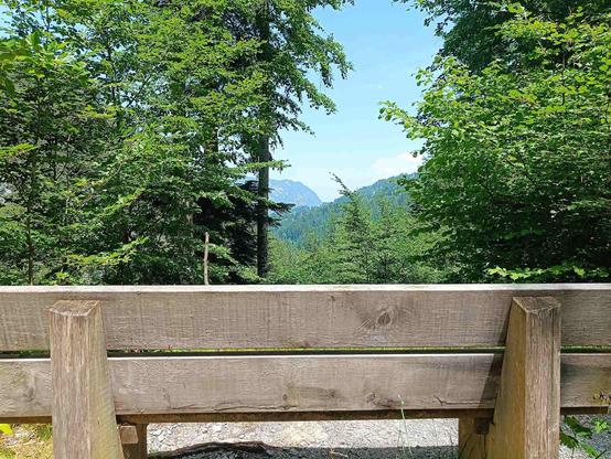 Eine Holzbank im Vordergrund, links und rechts grüne Bäume und in der Ferne Aussicht auf die Berge