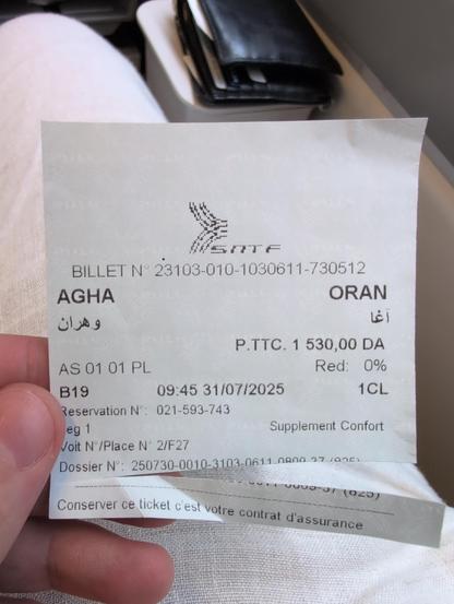 Foto des Ticket für erste Klasse mit dem Zug B19 von Algier nach Oran.
