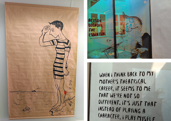 Drei Fotos von der Künstlerin Alison Bechdel im Cartoonmuseum Basel