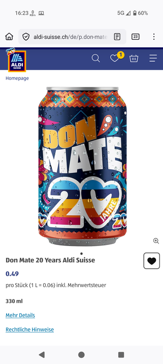 Screenshot von der Webseite von Aldi. Das gezeigte Produkt ist die Don Mate 20 Years Aldi Suisse für 0.49 CHF pro Stück.

 Verfügbarkeit: verfügbar seit 27.10.2025