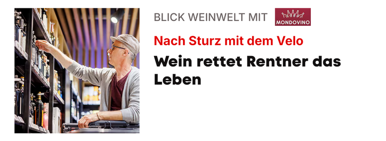 Screenshot von einem Anrisstext auf Blick.ch: "Nach Sturz mit Velo" - "Wein rettet Rentner das Leben"