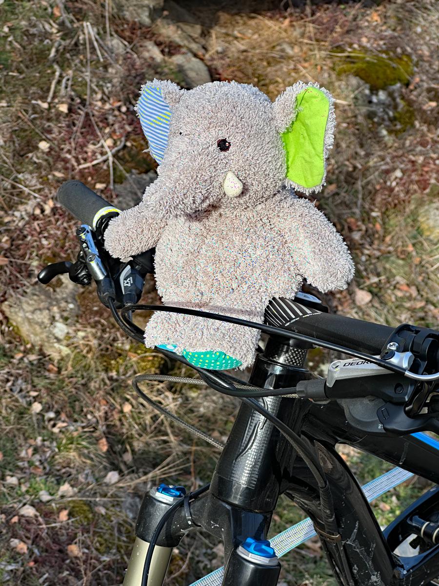 ein kleiner Stoffelefant sitzt auf dem Lenker eines MTBs
