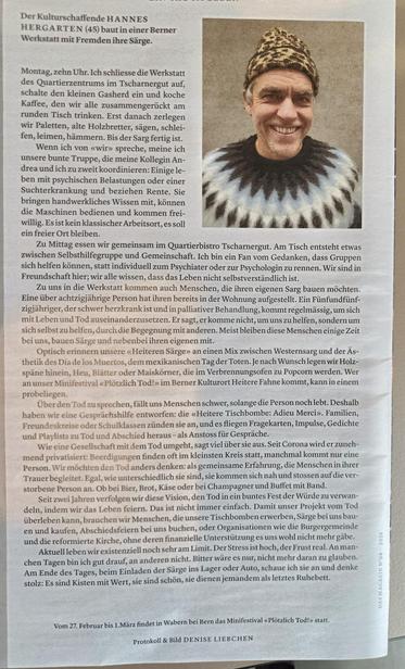 Text mit Foto über Hannes Hergarten, der in Bern gemeinsam mit interessierten Menschen ihre Särge baut.