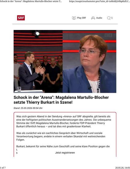 Bildschirmfoto 1 der Werbung "Schock in der "Arena": Magdalena Martullo-Blocher setzte Thierry Burkart in Szene!".