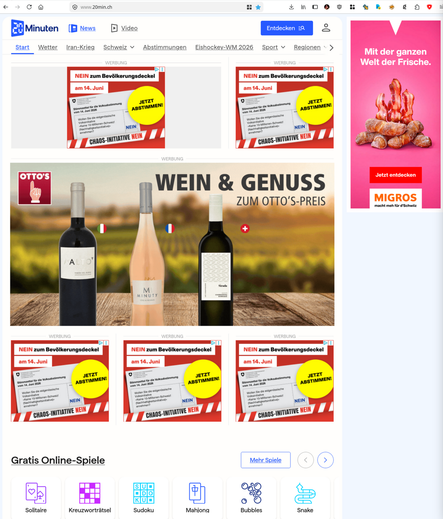 Screenshot von 20min.ch. Keine Redaktionellen Inhalte, einzig Werbung wird angezeigt.