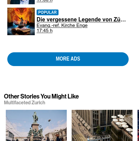 Screenshot von https://www.zuerich.com/en/events-nightlife/event-calendar. Gezeigt wird neben einigen Anzeigen auch ein Knopf "MORE ADS" - wer diesen Drückt, kriegt weitere Anzeigen zu Veranstaltungen in der Stadt Zürich angezeigt.
