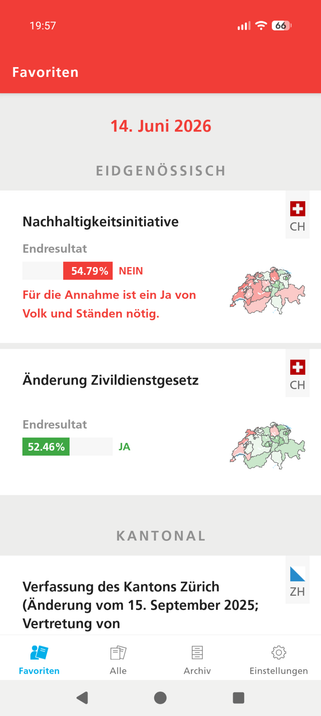 Screenshot von der VoteInfo-App um 19:57 Uhr.