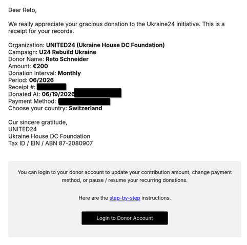 Spendenbestätigung über 200€ von United24 für "Rebuild Ukraine".