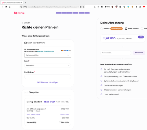 Ein Screenshot von "Richte deinen Plan ein" - da kostet eine Mitgliedschaft 11.66 USD pro Monat.
