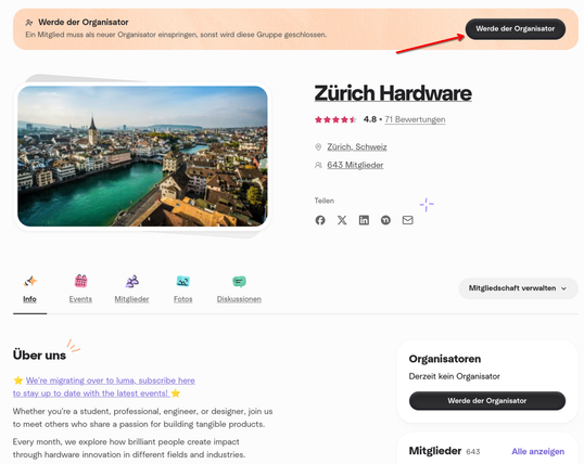 Screenshot von https://www.meetup.com/zurich-hardware/ mit einem Banner der sagt "Werde der Organisator - Ein Mitglied muss als neuer Organisator einspringen, sonst wird diese Gruppe geschlossen." und einem Knopf "Werde der Organisator"