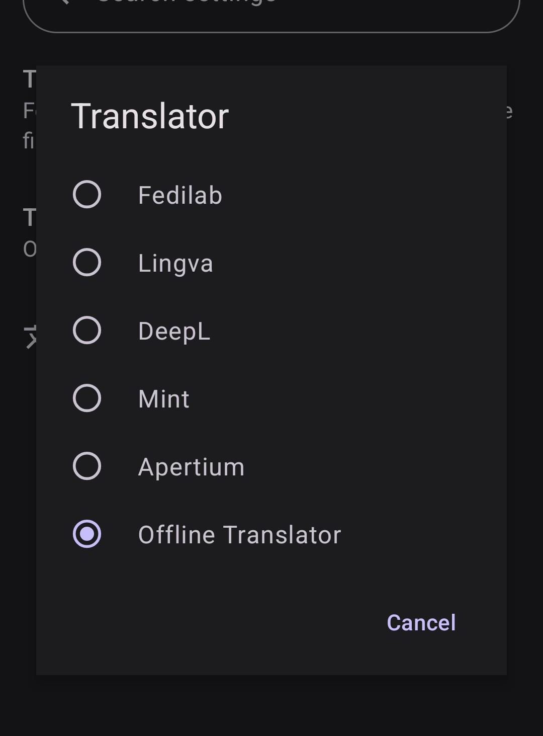 Fedilab selection screen to choose a translator. Options are Fedilab, Lingva, DeepL, Mint, Apertium, Offline Translator.