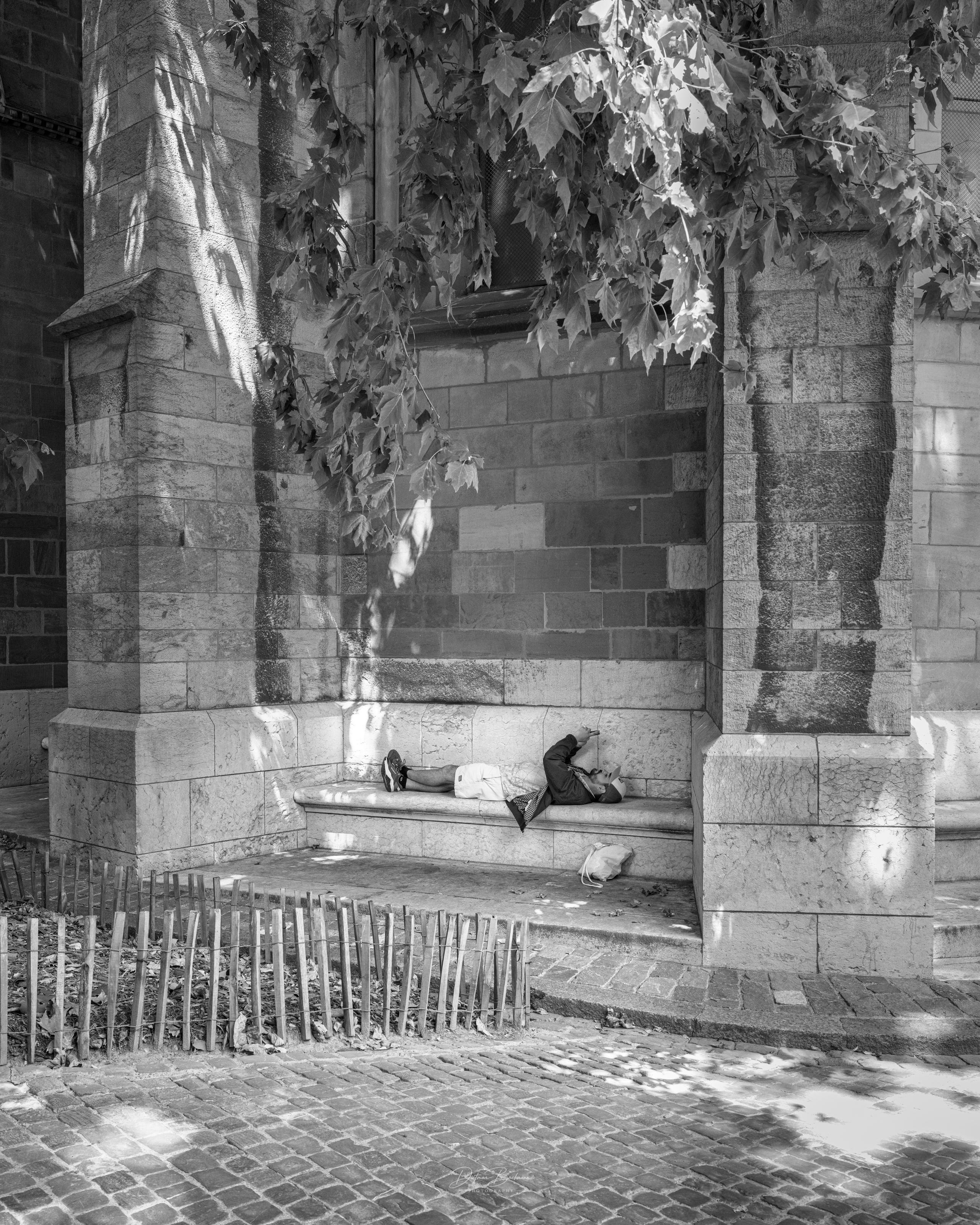 A person lies on a stone bench under a large tree near a building's corner. Sunlight filters through the leaves, casting shadows on the ground. A small fence of wooden stakes is visible in the foreground. The image is in black and white.