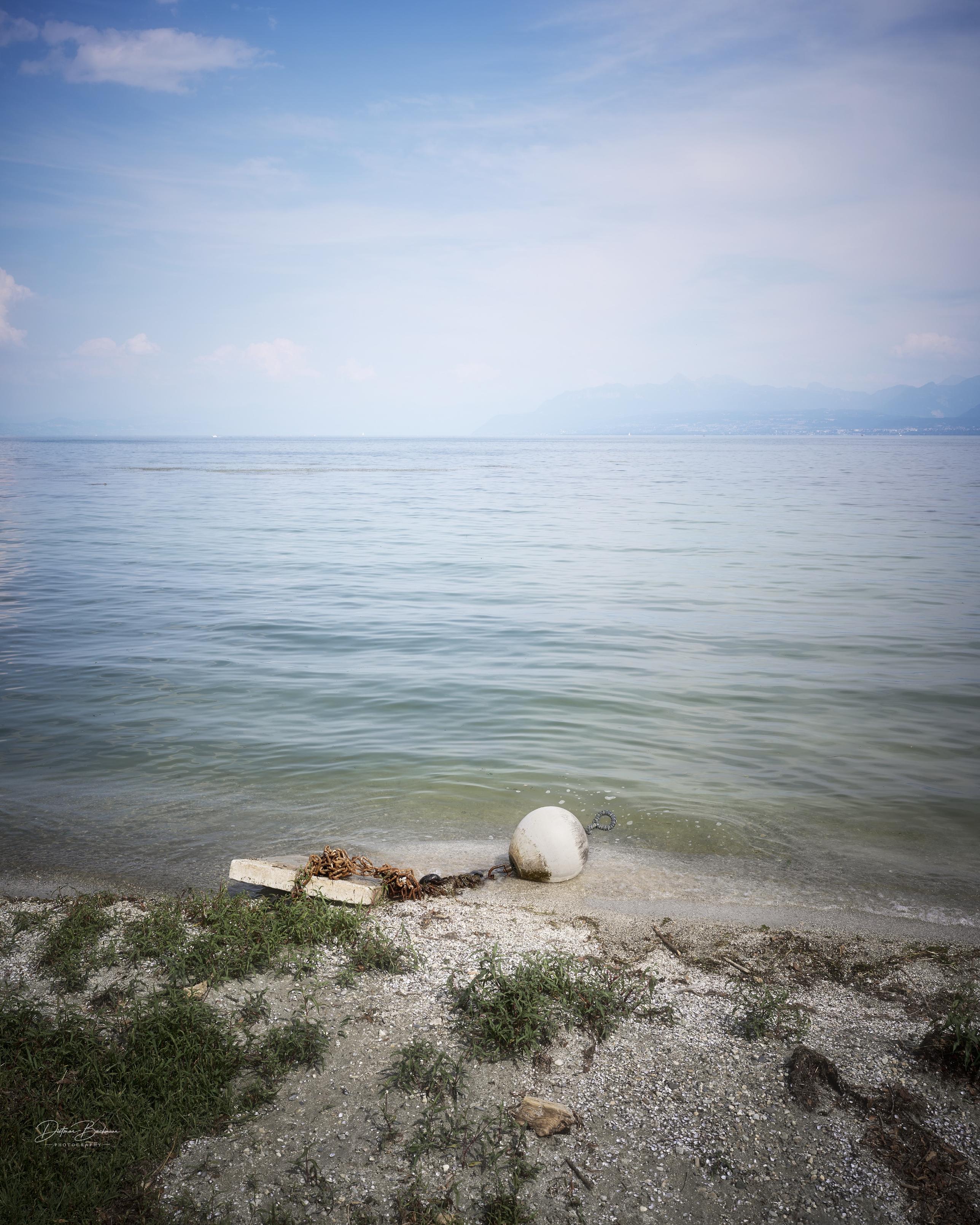 A calm body of water with a shoreline featuring sandy and grassy areas. A white buoy and concrete block are visible near the water's edge. The scene is illuminated under a blue sky with soft clouds and distant mountains in the background.