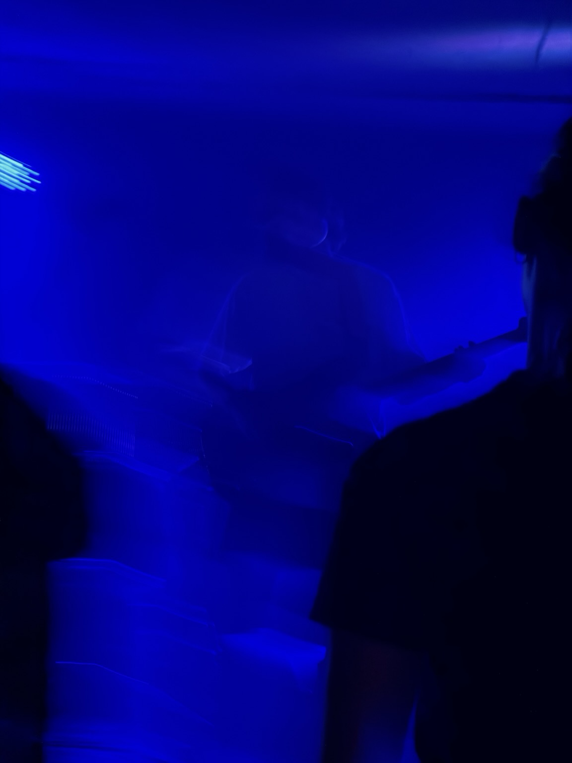 ein in blautönen gehaltenes, sehr verschwommenes bild einer bassistin auf der bühne