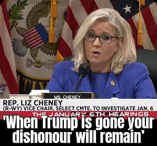 That quote was famously directed by former Republican Congresswoman Liz Cheney at her GOP colleagues during the June 2022 House January 6th Committee hearings. She told them, "There will come a day when Donald Trump is gone, but your dishonor will remain".