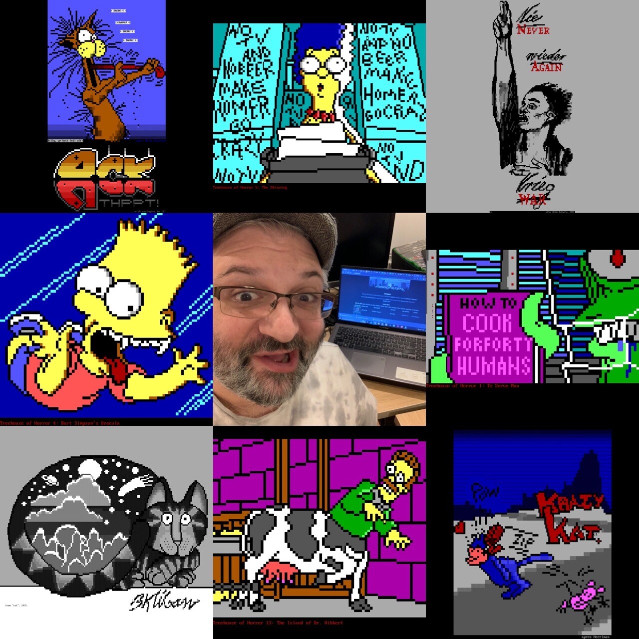 Eight square panels of thumbnails of ansi art screens on vintage (Bloom County, Simpsons, B. Kliban etc) themes, with the artist's salt and pepper bearded face sandwiched in the middle of them all.
